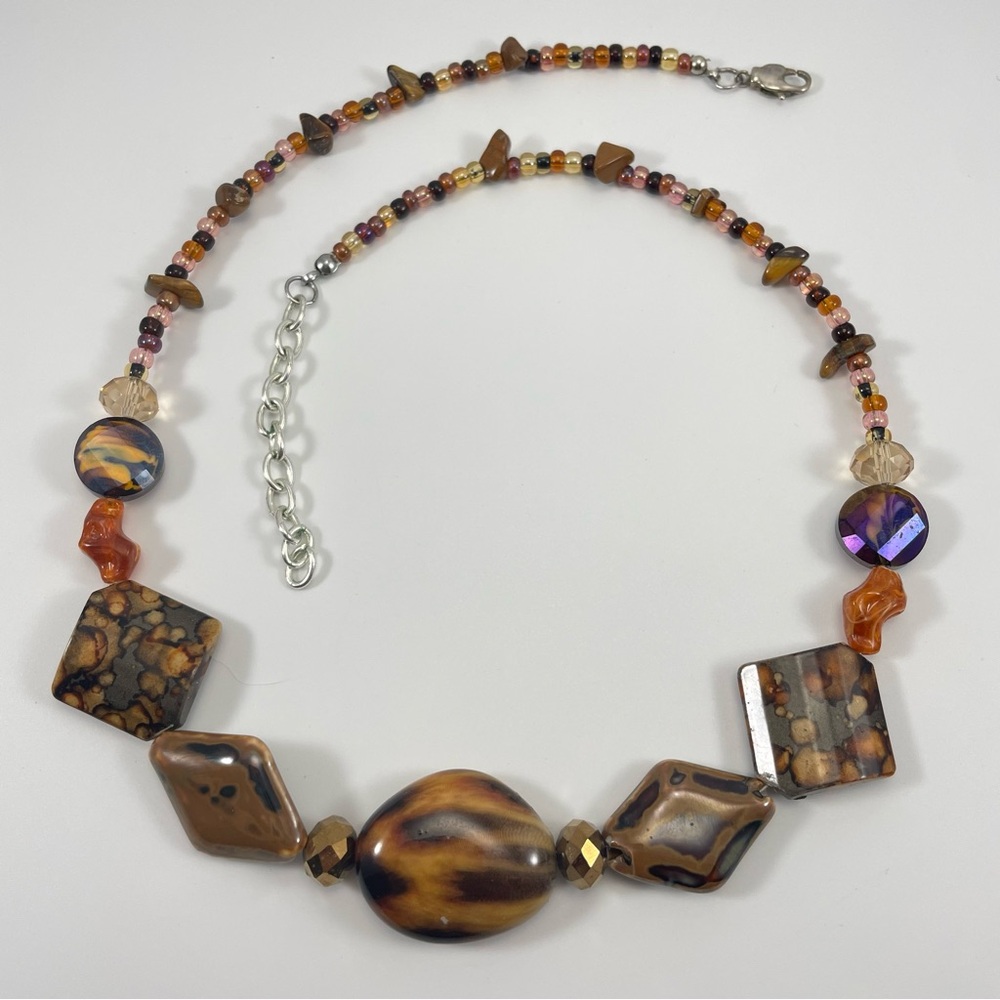 Statement Necklace Beaded Glass Stone Acrylics Orange Purple Brown Boho Unique